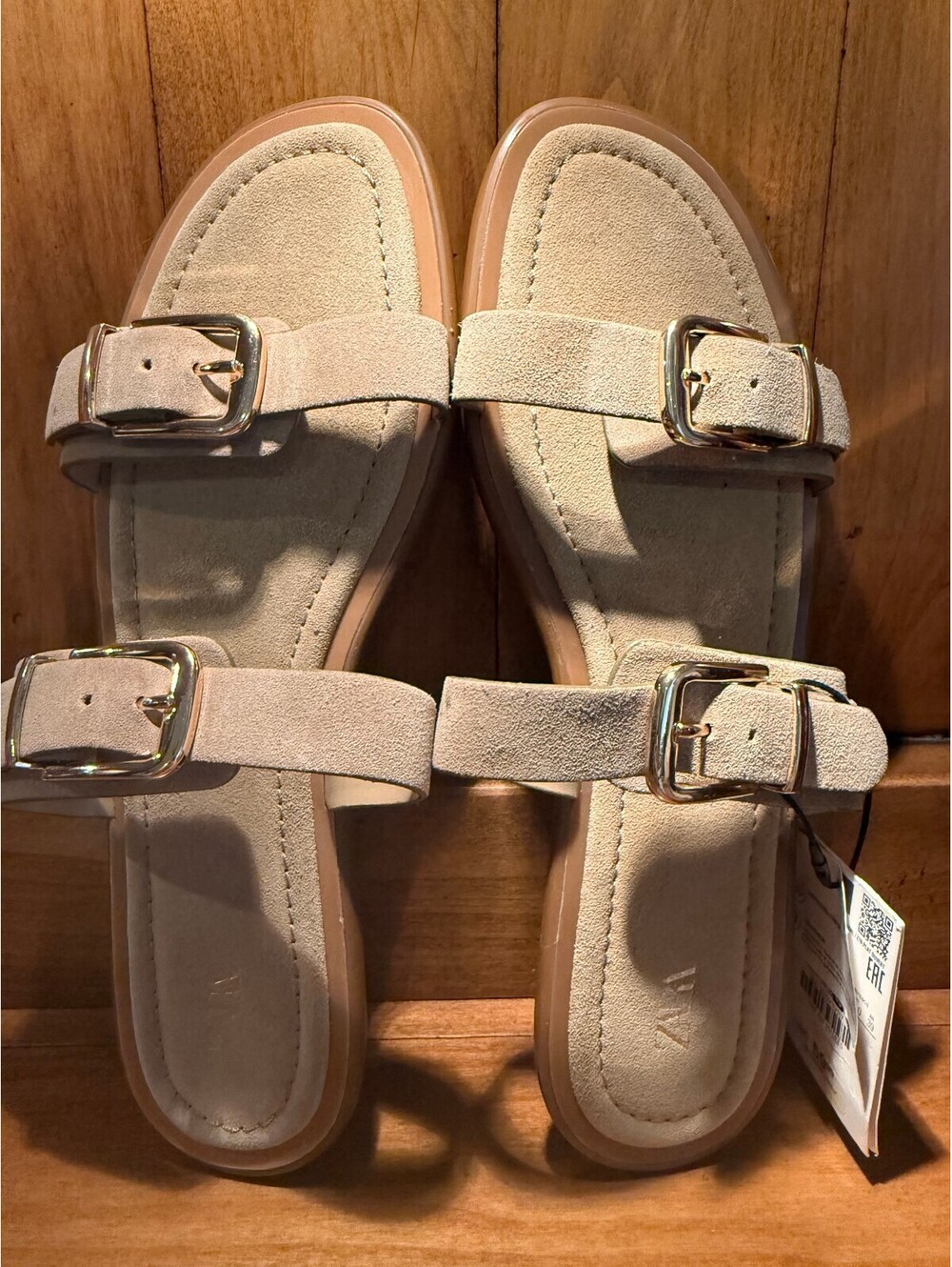 New Zara Beige Suede Buckled Slide Sandals Women's Size 9 - Picture 1 of 9